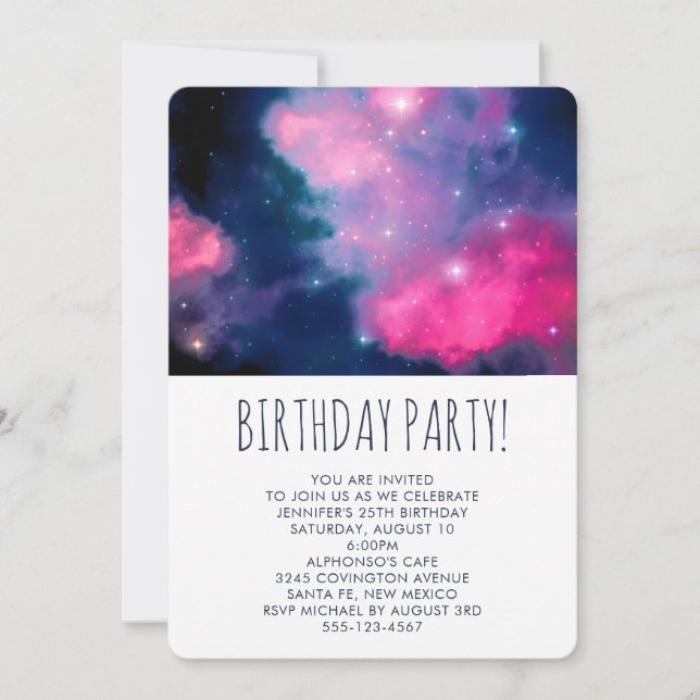 Invitation Galaxie rose et bleu & étoiles Abstrait Anniversai (Devant)
