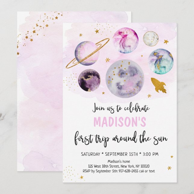 Invitation Galaxie Rose Premier Voyage Autour Du Soleil Anniv (Devant / Derrière)