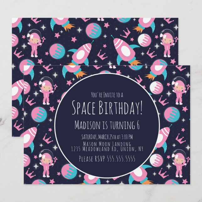 Invitation Galaxie spatiale Princesse Rose Astronaut Annivers (Devant / Derrière)