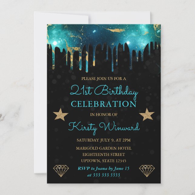 Invitation Galaxie verte et or Marbre 21e anniversaire (Devant)