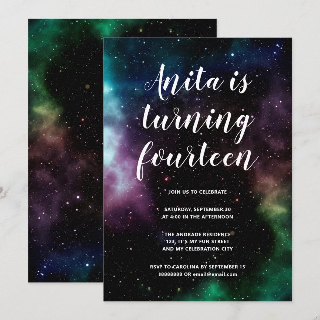 Invitation Galaxy Ados de fête d'anniversaire 14 Espace cosmi (Devant / Derrière)