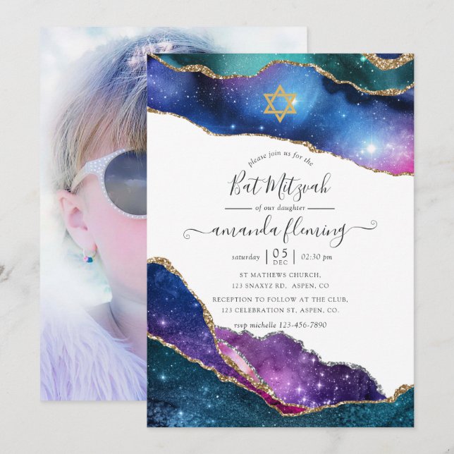 Invitation Galaxy Agate Photo Bat mitzvah (Devant / Derrière)