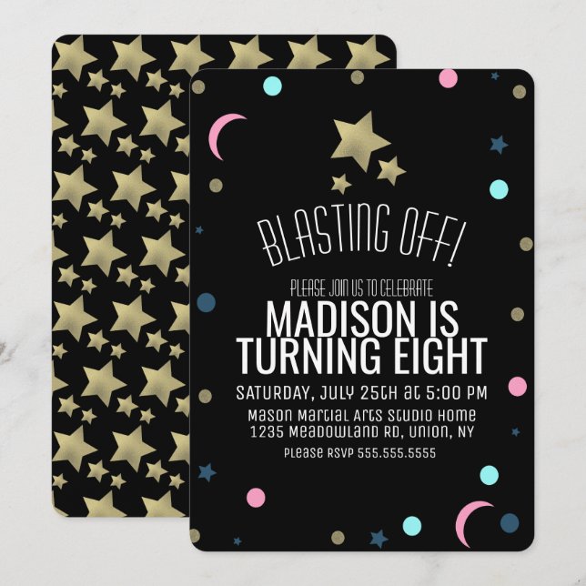 Invitation Galaxy Faux Gold Stars Confetti Space Anniversaire (Devant / Derrière)