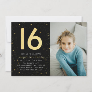 Invitation Galaxy moderne Photo Black Gold 16e fête d'anniver