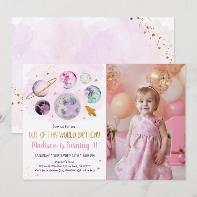 Invitation Galaxy Pink Or de ce monde Anniversaire Invita (Devant / Derrière)