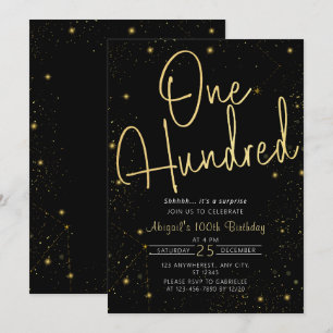 Invitation Galaxy Script Black and Gold 100e fête d'anniversa