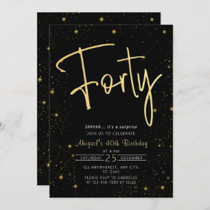 Invitation Galaxy Script Black and Gold 40th Birthday Party