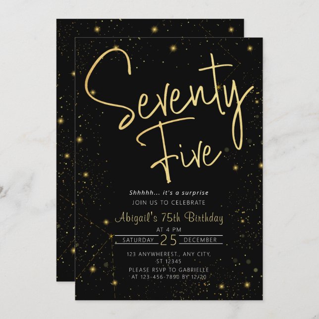 Invitation Galaxy Script Black and Gold 75e fête d'anniversai (Devant / Derrière)