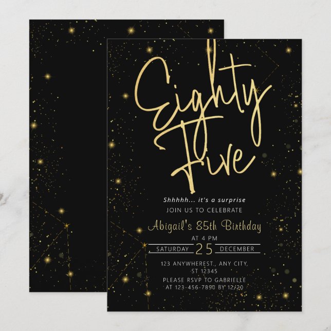Invitation Galaxy Script Black and Gold 85e fête d'anniversai (Devant / Derrière)
