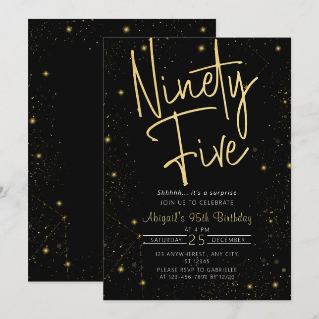 Invitation Galaxy Script Black and Gold 95e fête d'anniversai (Devant / Derrière)
