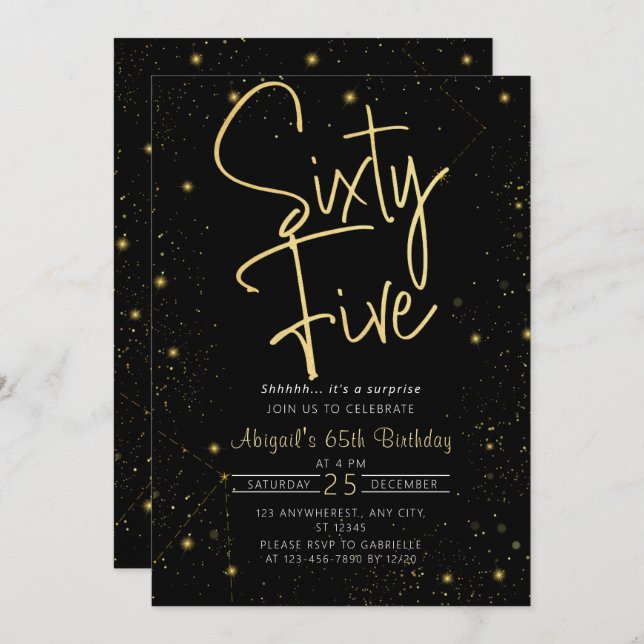 Invitation Galaxy Script Noir et Or 65e fête d'anniversaire (Devant / Derrière)