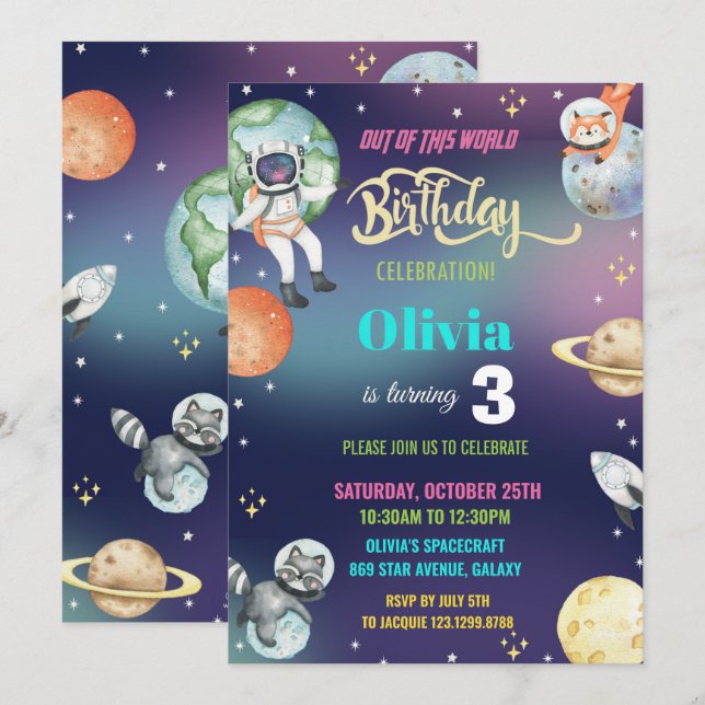 Invitation Galaxy Space Astronaut Planets Fille fête d'annive (Devant / Derrière)