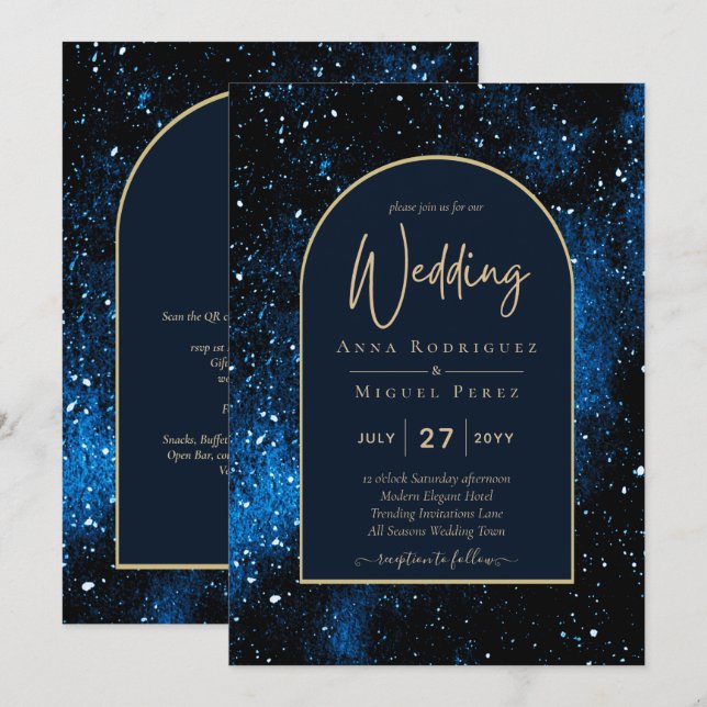 Invitation Galaxy Starry Night Marine Blue Gold Mariage (Devant / Derrière)