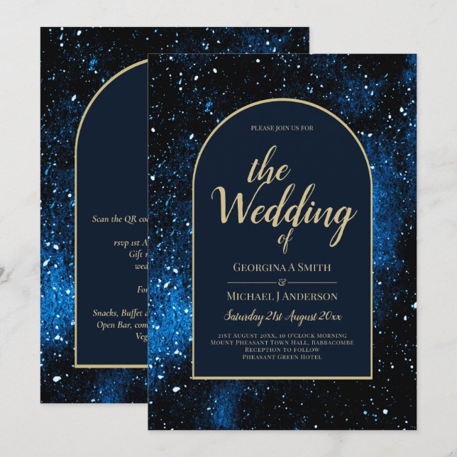 Invitation Galaxy Starry Night Marine Blue Gold Mariage (Devant / Derrière)