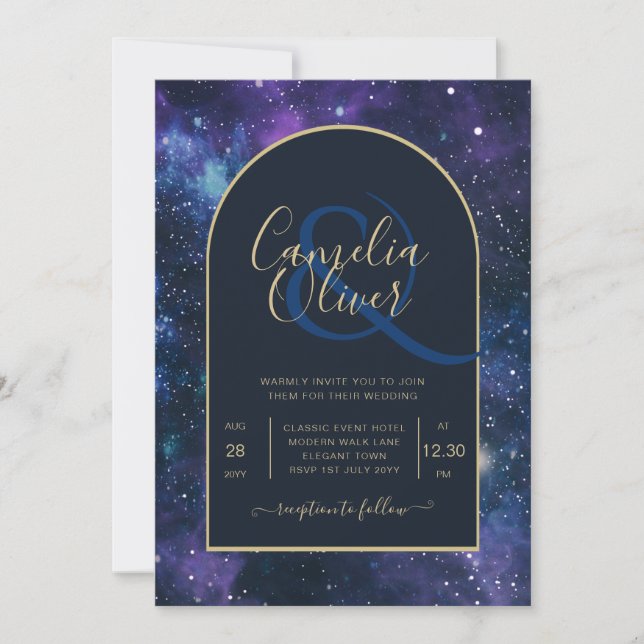 Invitation Galaxy Starry Night Marine Blue Gold Mariage (Devant)