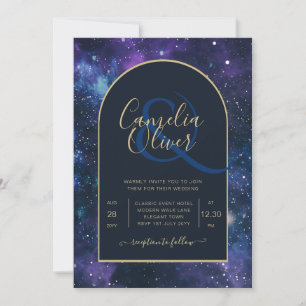 Invitation Galaxy Starry Night Marine Blue Gold Mariage