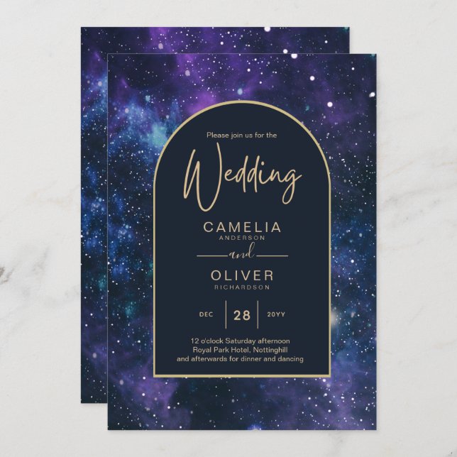 Invitation Galaxy Starry Nuit violet bleu Mariage or (Devant / Derrière)