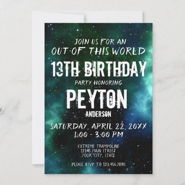 Invitation Galaxy Stars Anniversaire Fête Vert Bleu (Devant)