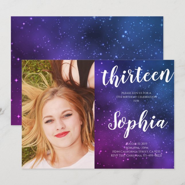 Invitation Galaxy Universe Stars Girl Photo Anniversaire (Devant / Derrière)