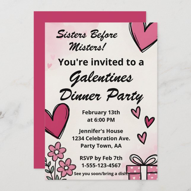 Invitation Galentine Pink Sisters Before Misters Dinner Party (Devant / Derrière)
