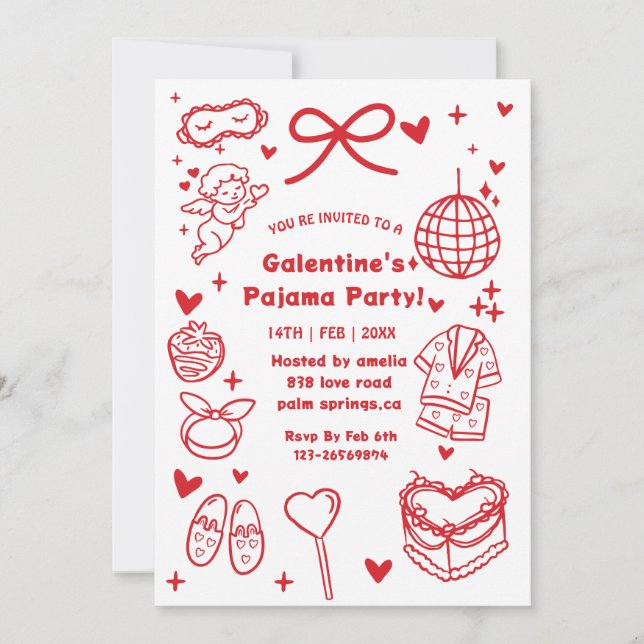 Invitation Galentine’s Pajama, Night Valentine Hand Drawn  (Devant)