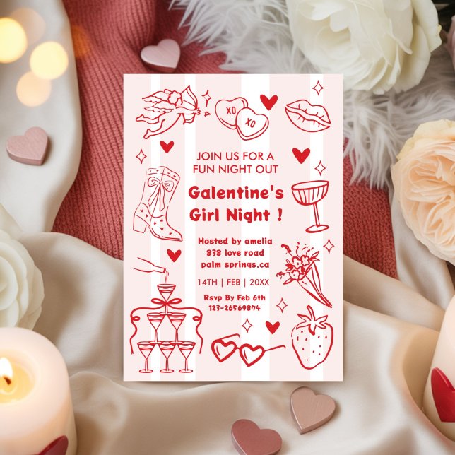 Invitation Galentine’s Party, Night Valentine Hand Drawn  (Créateur téléchargé)