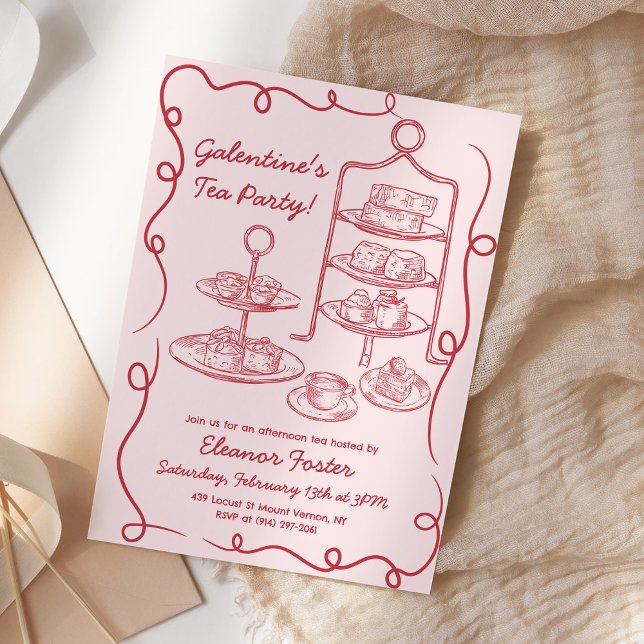Invitation Galentines Afternoon Tea Party main tirée (Créateur téléchargé)