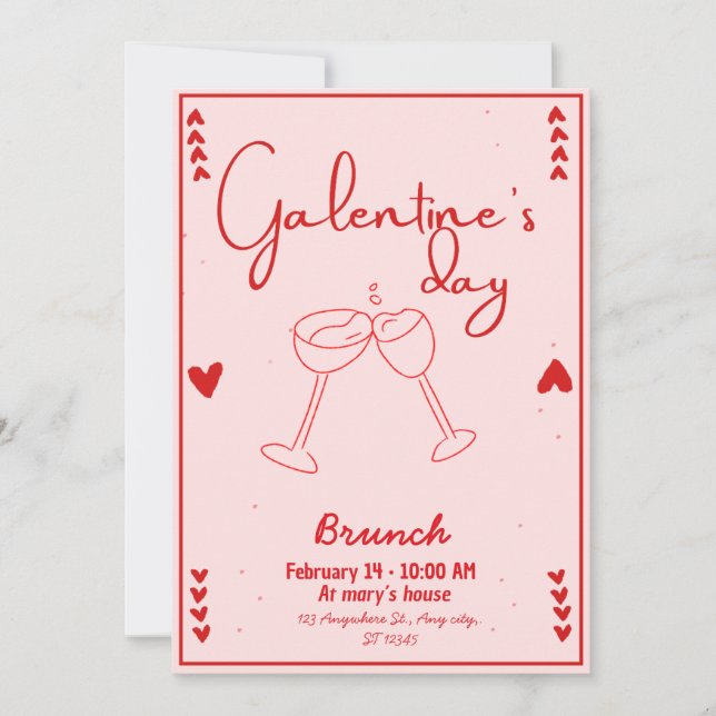 Invitation galentines day brunch red and pink (Devant)