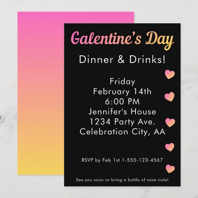 Invitation Galentines Day Dinner Drinks Pink Black Party (Devant / Derrière)
