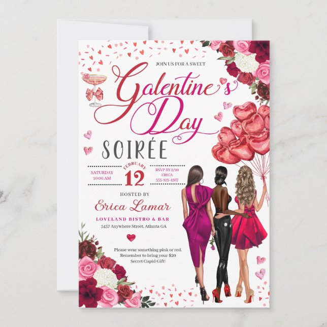 Invitation Galentine's Day Fille amis Brunch Coeurs roses (Devant)