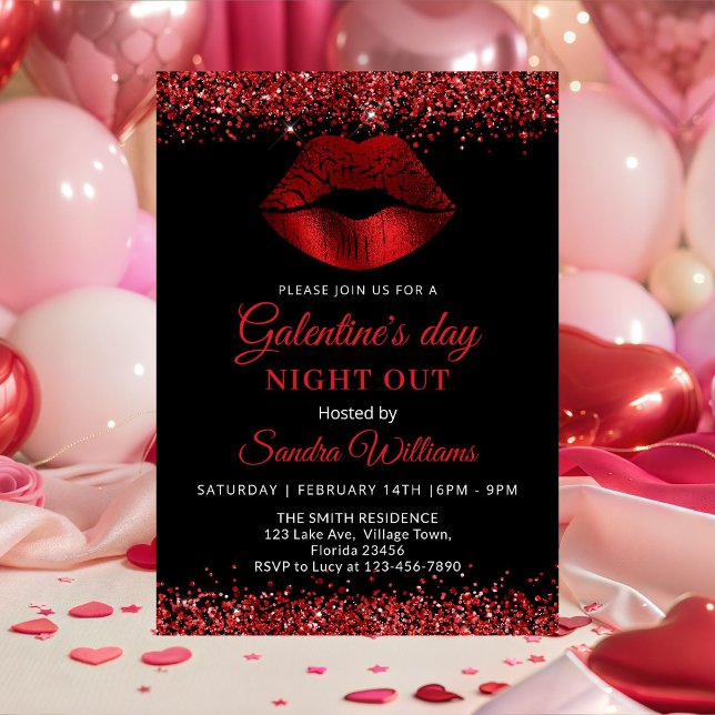Invitation Galentine's Day Night Out Red Glitter Lips (Red Glitter Lipstick Galentine's Day night out invitation)
