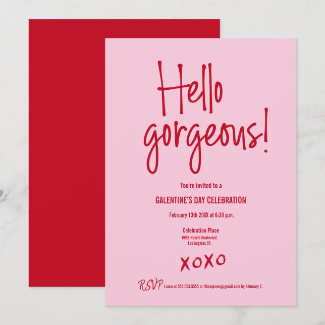 Invitation Galentine's Day PINK RED Hello gorgeous XOXO (Devant / Derrière)