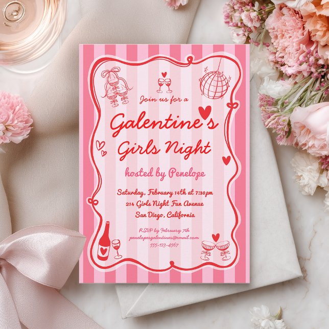 Invitation Galentine's Girls Night Pink Red Hand Drawn Party (Créateur téléchargé)