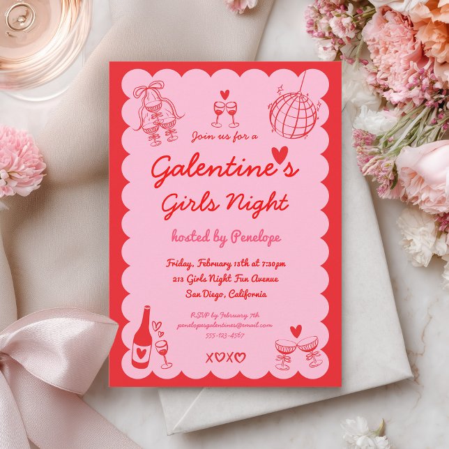 Invitation Galentine's Pink Red Hand Drawn Girls Night Party (Créateur téléchargé)