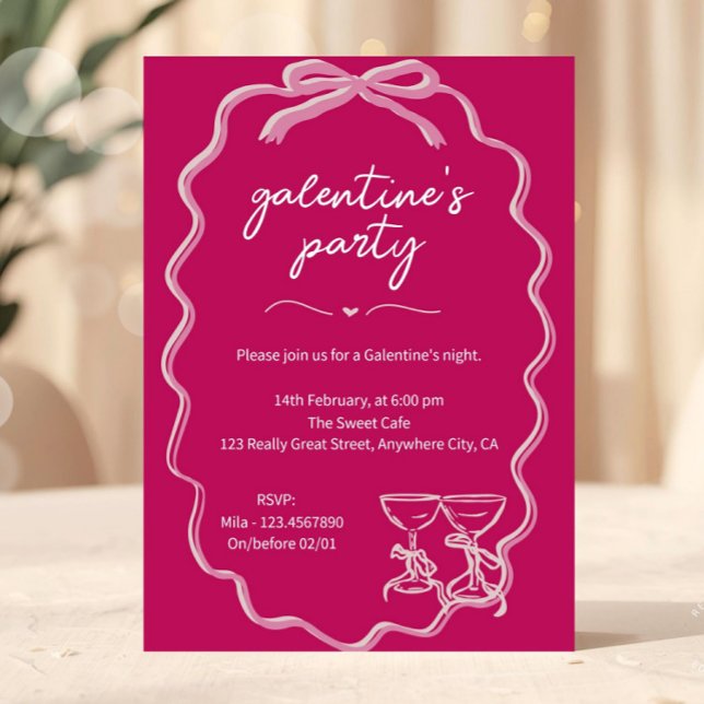 Invitation Galentines roses Filles Nuit Saint Valentin (Pink Galentine Party Invitation Whilsical Hand Drawn Invite)