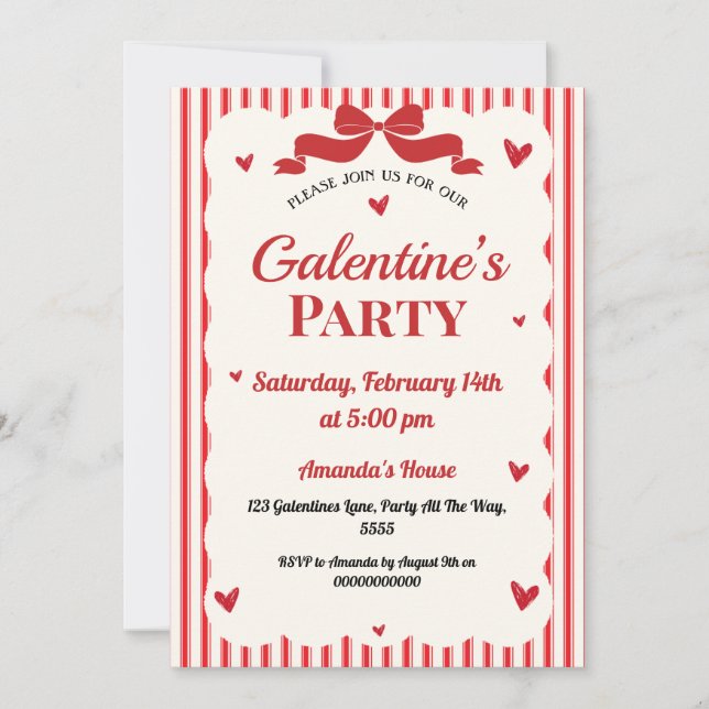 Invitation Galentines Valentines Party Coquette Bow Red Heart (Devant)