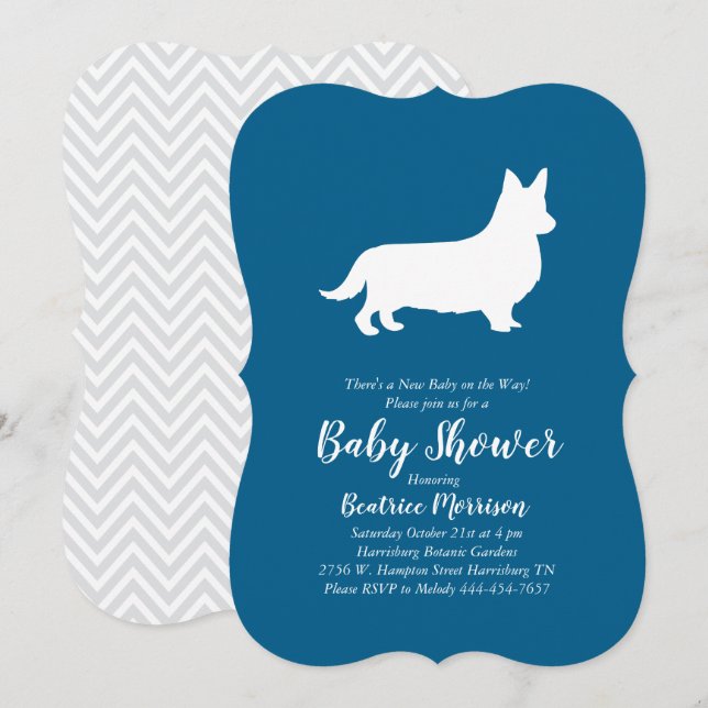 Invitation Gallois Corgi Chien Baby shower Blue Boy (Devant / Derrière)