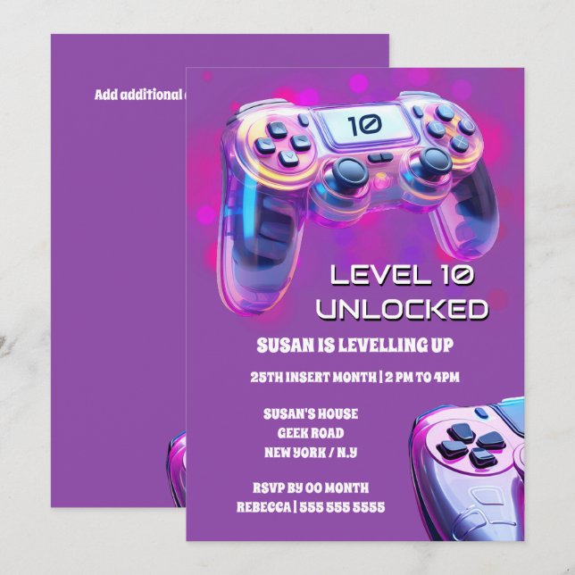 Invitation Game contrôleur rose neon filles gamer anniversair (Devant / Derrière)