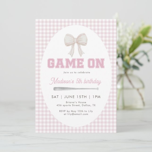 Invitation Game On Baseball Bow Pink Gingham Preppy 5th  (Debout devant)