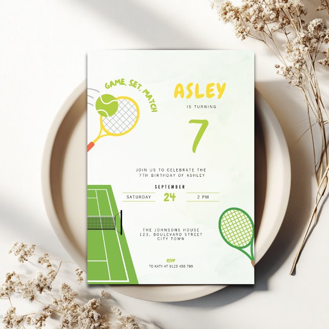 Invitation Game, Set, Match Tennis Party Trendy 7th Birthday (Tennis Themed 7th birthday invitation for boys and girls)