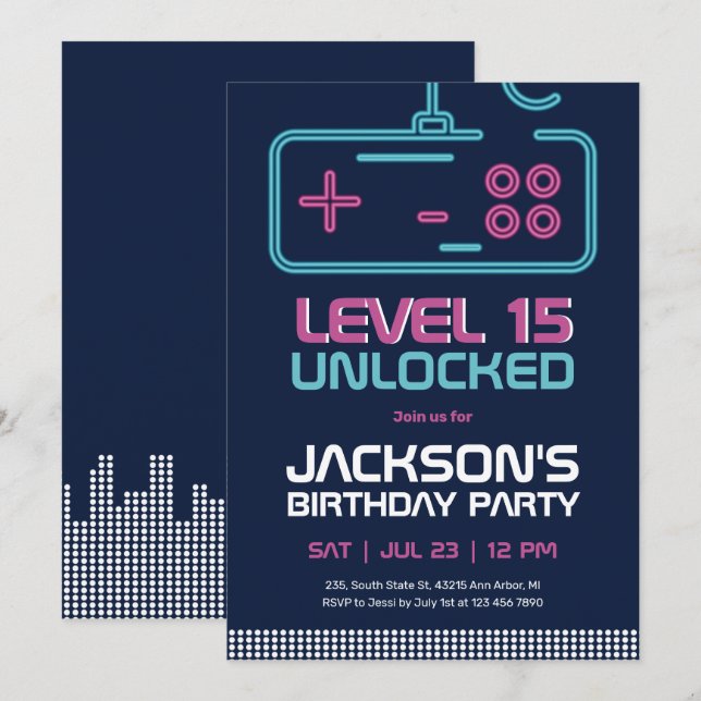 Invitation Gamer Garçon Niveau Déverrouillé Jeux Vidéo Blue A (Devant / Derrière)