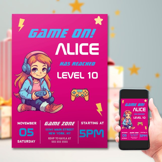 Invitation Gamer Girl Pink Vidéo Jeu Anniversaire (Créateur téléchargé)