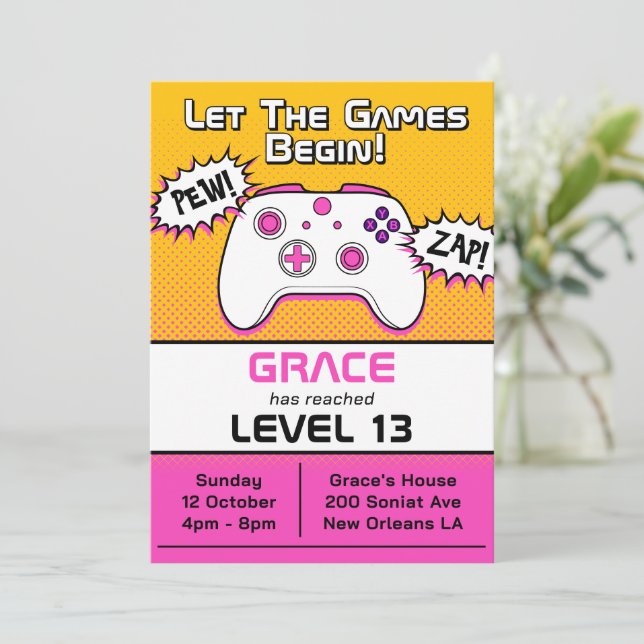 Invitation Gamer Girl Pink Yellow Controller 13e anniversaire (Debout devant)