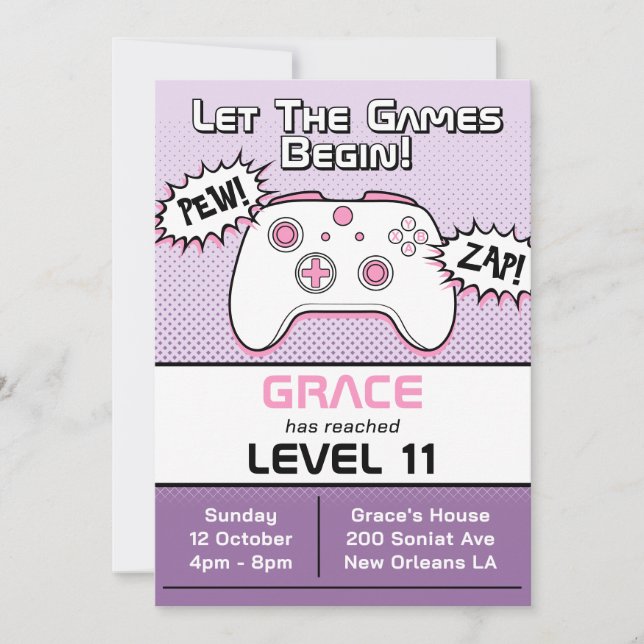 Invitation Gamer Girl Purple Contrôleur 11e anniversaire (Devant)