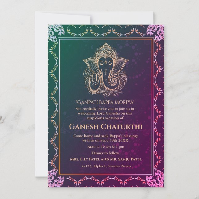 Invitation Ganesh Chaturthi Puja Roya Eléments dorés (Devant)