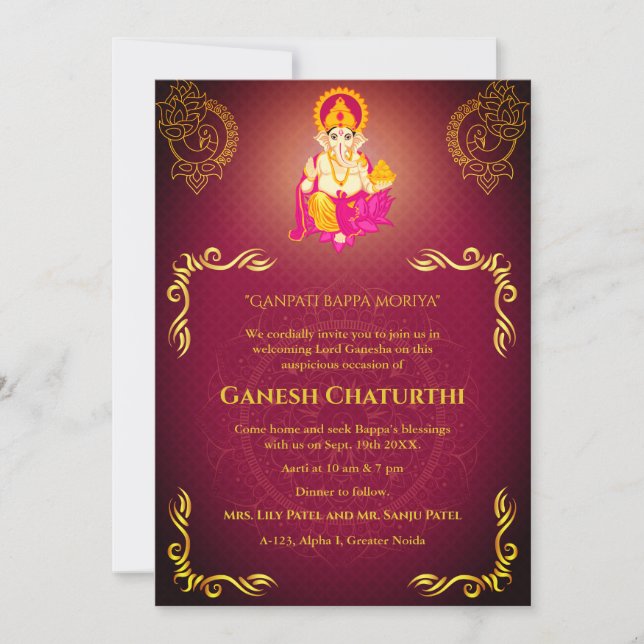 Invitation Ganesh Chaturthi Puja Roya Eléments dorés (Devant)