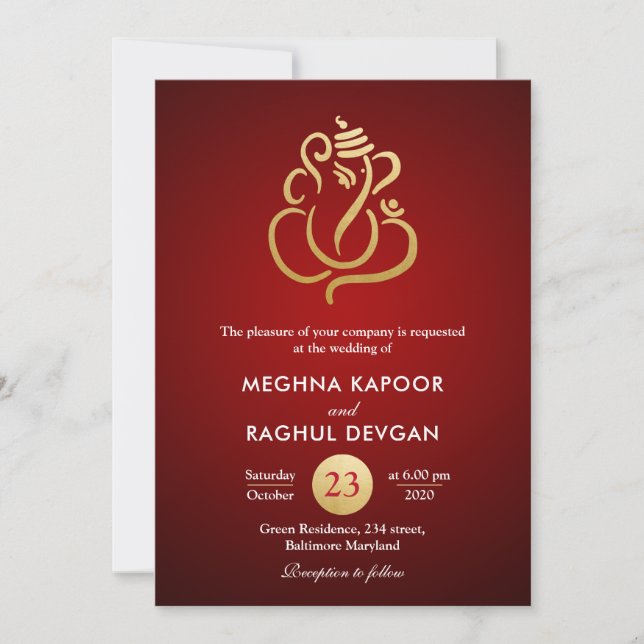 Invitation Ganesha d'huile d'or classique Faux/Mariage rouge  (Devant)
