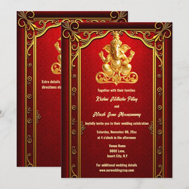 Invitation Ganesha d'or rouge indien hindi mariage hindou (Devant / Derrière)