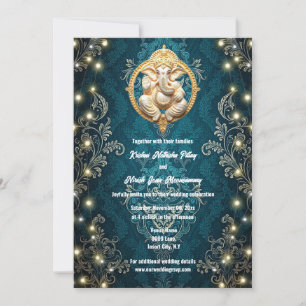 Invitation Ganesha éléphant bleu or Hindi mariage hindou