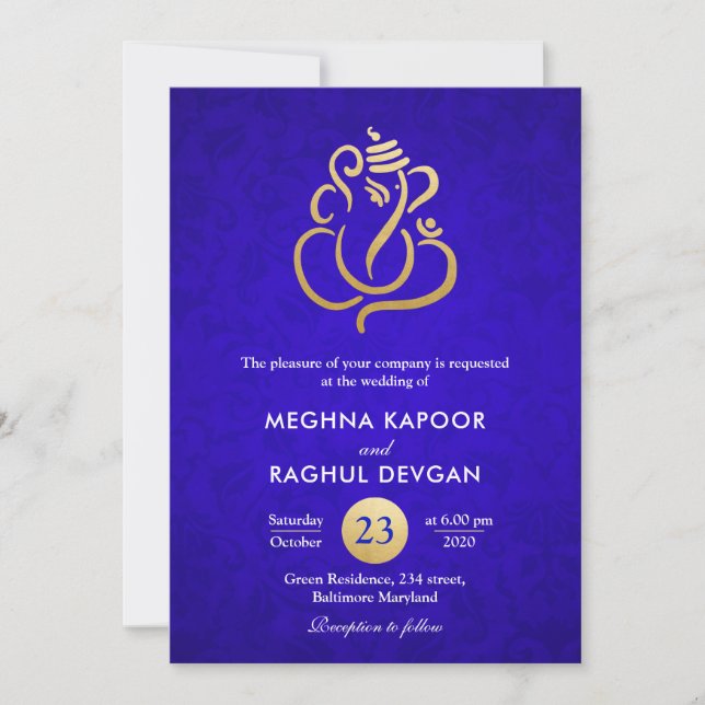 Invitation Ganesha/Indian Faux Gold Foil Blue Mariage damassé (Devant)